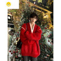 FISH BASKET马海毛红色毛衣男款圣诞穿搭战袍针织衫季慵懒风高级感情侣外套