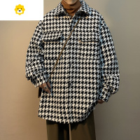 FISH BASKET季时尚小香风千鸟格毛呢外套男装宽松呢子大口袋工装夹克衫上衣
