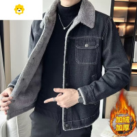 FISH BASKET男士干活穿的牛仔外套加绒加厚款羊羔毛绒耐磨工作翻领休闲夹克