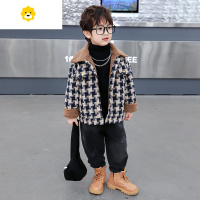 FISH BASKET男童格子翻毛领呢外套装加绒儿童加厚潮洋气炸街帅男孩夹克
