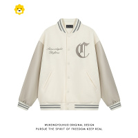 FISH BASKET美式高街刺绣毛呢棒球服外套男潮牌P皮拼接chic夹克
