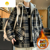 FISH BASKET格子外套男季2024新款假两件连帽夹克男装青少年加棉大衣男
