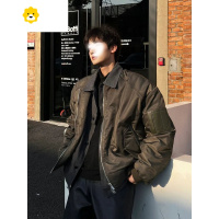 FISH BASKET军绿色拼接假两件短款飞行员外套男夹克设计感棉服翻领棒球服