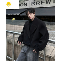 FISH BASKET美式黑色毛呢外套男款潮牌西装行政夹克cleanfit呢子短款大衣