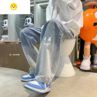 FISH BASKET季加绒加厚裤子高街ins潮男笑脸渐变复古牛仔裤宽松直筒拖地裤