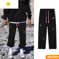 FISH BASKET潮牌闪电卫裤运动休闲抽绳束脚裤加绒宽松美式篮球直筒长裤男