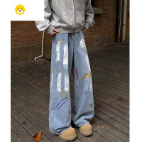 FISH BASKET油漆涂鸦牛仔裤男直筒泼墨休闲潮牌痞帅复古宽松美式高街裤子