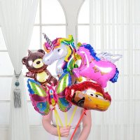 迷你气球手持棒地推卡通铝膜气球装饰儿童玩具生日布置批發包邮