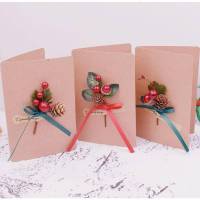 圣诞节贺卡 DIY干花卡片 松果 平安果圣诞手工材料包一套5个包邮