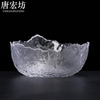 唐宏坊 大号透明水洗茶水桶茶道零配茶具 锤目纹玻璃茶洗描金花边款