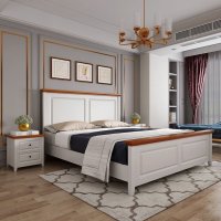 现代简约实木床白色1.8米双人床主卧1.5m单人床1.2美式高箱储物床 1350mm*1900mm_环保拼柚木色