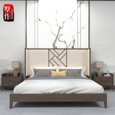 新中式实木床现代简约床样板房1.8米婚床布艺双人床酒店家具定制