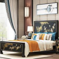 新中式手绘实木床1.5单人床1.8米双人床黑色宿舍主卧室床工厂直销