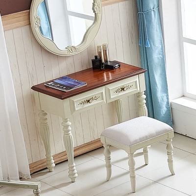 美式做旧彩绘梳妆台 实木床头柜复古梳妆台组合带凳子卧室化妆镜