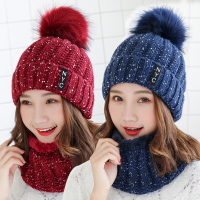 毛线帽子女冬季加绒加厚骑车防风保暖时尚护耳针织帽围脖套装女冬