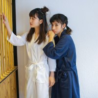 夏季薄款浴袍女华夫格中长款浴衣七分袖睡袍男女士睡衣情侣家居服