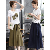 休闲名媛流行气质a字收腰棉麻连衣裙女士夏天2019新款两件套套装
