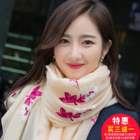2018秋冬新款民族风围巾女刺绣花朵棉麻丝巾披肩两用长款韩版纱巾