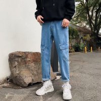 ins超火的牛仔裤子港风原宿bf风阔腿工装裤男潮牌宽松直筒帅t九分