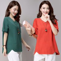 文艺复古棉麻短袖T恤女2019夏季宽松大码V领纯色百搭体恤亚麻上衣