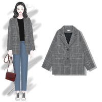 tstz ins西装外套女韩版春秋宽松休闲港风V领格子纹小西服上衣女