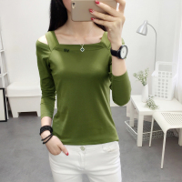 长袖上衣女春秋装新款韩版修身纯棉露肩T恤女显瘦纯色百搭打底衫