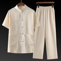 棉麻唐装男短袖套装中国风男装中老年人亚麻爷爷夏装爸爸老人衣服