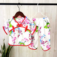 夏薄女童唐装短裤套装宝宝古装汉服中国风绵绸2岁小童礼服纯棉绸3