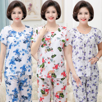 中老年棉绸套装老人绵绸家居服妈妈睡衣夏季女短袖人造棉两件套装