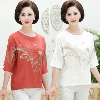 中年纯棉麻中袖女宽松妈妈T恤50岁中老年人短袖胖妈妈大码上衣夏