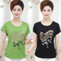 中老年女装短袖印花t桖夏季中年女士上衣服妈妈装夏装纯棉40-50岁