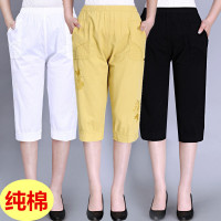 中年人夏季全棉七分裤女中老年女裤大码宽松松紧腰中裤妈妈装裤子
