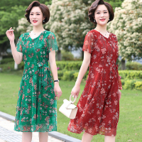 中老年女装中长款连衣裙加肥加大码中年妈妈装过膝裙洋气短袖夏装
