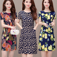 夏季新款时尚简约中年妈妈女装连衣裙中长款口袋圆领中老年一步裙