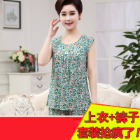 中老年人夏季睡衣女妈妈装纯棉套装无袖家居服绵绸人造棉加大背心
