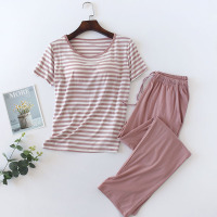 莫代尔带胸垫免文胸睡衣女春夏季薄款大码条纹短袖长裤家居服套装