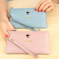 知壹2018新款牛皮猫咪长款钱包女欧美新款超薄荔枝纹牛皮拉链手拿钱夹
