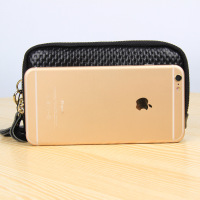 知壹2018新款瓜子纹双拉链牛皮手拿包 欧美时尚潮流零钱包手机包