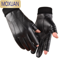 MOXUAN皮手套男冬外卖骑手保暖骑行半露指加绒厚防水开车钓鱼快递漏二指