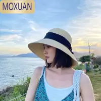 MOXUANins款草帽女夏季可折叠沙滩帽遮脸遮阳帽蝴蝶结渔夫帽太阳帽盆帽