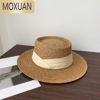 MOXUAN平顶小礼帽草帽沙滩帽女夏天海边遮阳帽大檐帽草编帽复古法式帽子