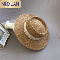 MOXUAN平沿帽子女夏海边平顶草帽沙滩法式度假遮阳防晒巴拿马草编织礼帽