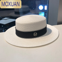 MOXUAN新款网红防晒遮阳水钻M标平顶草帽女韩版百搭复古英伦白色小礼帽帽子