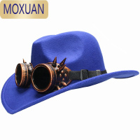 MOXUAN铆钉防风镜朋克休闲百搭秋冬男女毛呢大檐西部牛仔帽宽边遮阳礼帽帽子