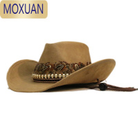 MOXUAN男女骷髅头山鸡毛带优质皮革大檐骑马西部帽牛仔帽遮太阳帽子