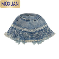 MOXUAN漏电男友家牛仔蓝色渔夫帽破坏风做旧水洗春盆帽磨边遮脸水桶帽子