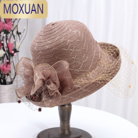 MOXUAN夏天帽子女英伦花朵网纱盆帽休闲沙滩百搭防晒遮阳帽白卷边礼帽潮