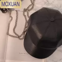 MOXUAN显脸小黑色网红pu皮质八角帽子女鸭舌英伦潮春秋夏季皮帽贝雷帽冬