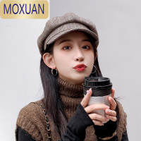 MOXUAN千鸟格八角帽女秋冬季英伦显脸小复古春秋贝雷帽学生画家报童帽子