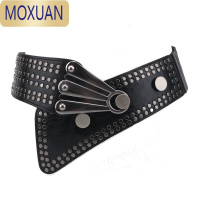 MOXUAN女士斜搭宽腰封圆扣时尚铆钉朋克风百搭宽皮带配大衣装饰腰带腰封